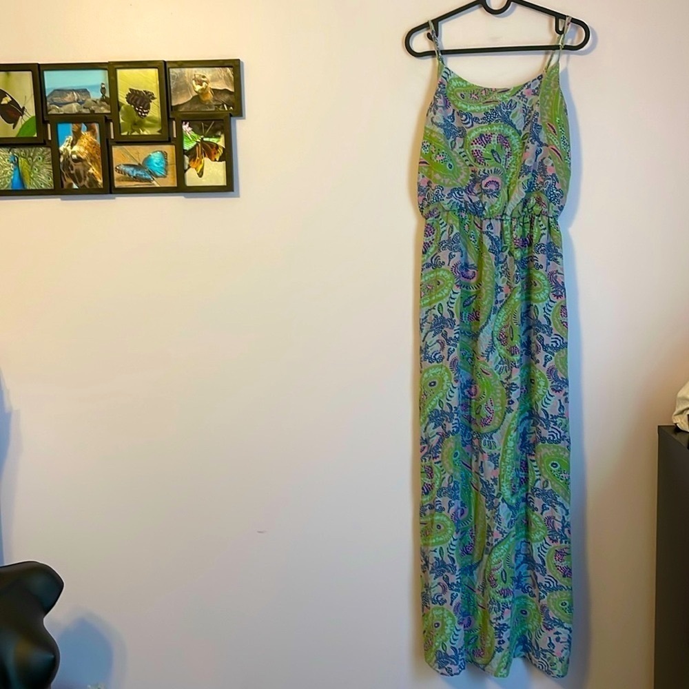Tori Richard Silk Paisley Maxi Dress size 6 Green Blue Pink